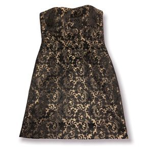 Ann Taylor Loft Strapless Dress Gold with Black floral pattern Size 8